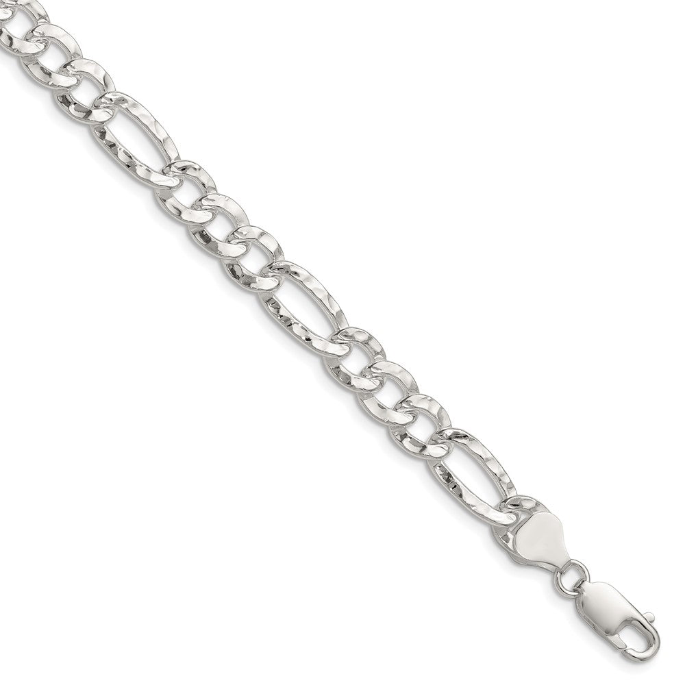 Sterling Silver 7.6mm Hammered Figaro Chain Bracelet
