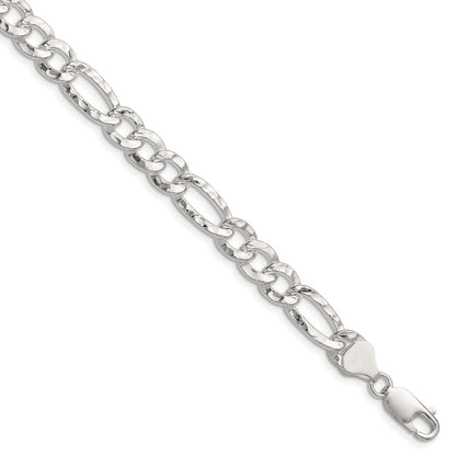 Sterling Silver 7.6mm Hammered Figaro Chain Bracelet