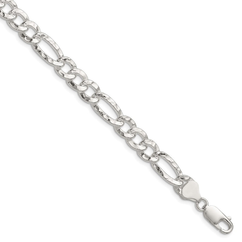 Sterling Silver 7.6mm Hammered Figaro Chain Bracelet