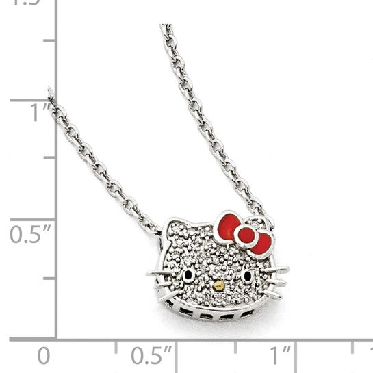 925 Sterling Silver Hello Kitty Natural Diamond Collection Red Enamel Pendant Necklace 16+2 Inch