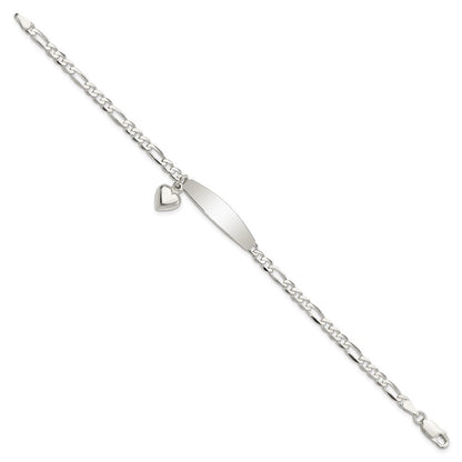 7.5 Inch Sterling Silver Polished Figaro Id Heart Dangle Bracelet