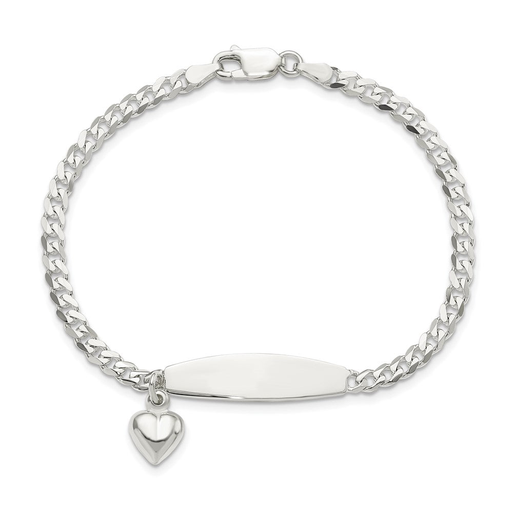 7.5 Inch Sterling Silver Polished Curb Link Id Heart Dangle Bracelet