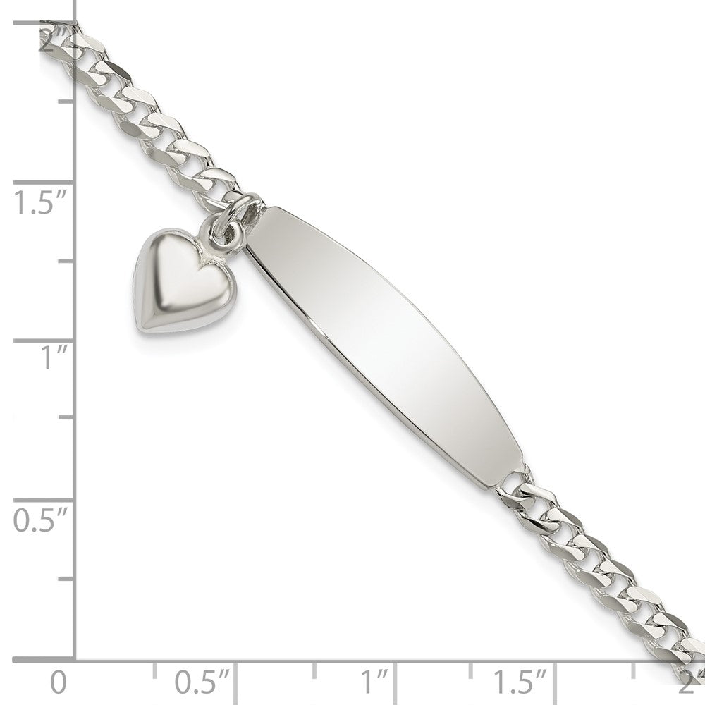 7.5 Inch Sterling Silver Polished Curb Link Id Heart Dangle Bracelet