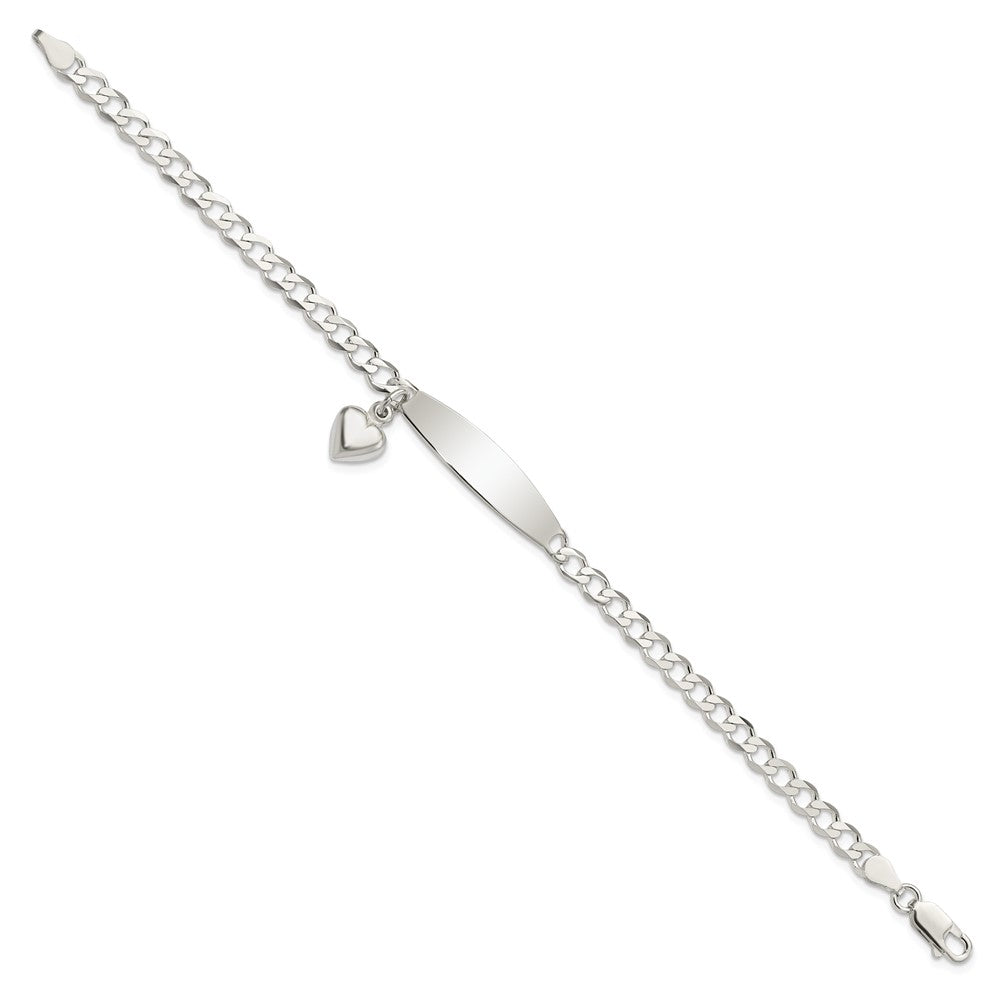 7.5 Inch Sterling Silver Polished Curb Link Id Heart Dangle Bracelet
