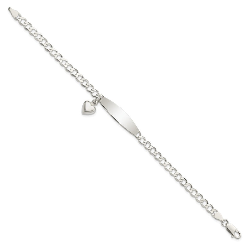7.5 Inch Sterling Silver Polished Curb Link Id Heart Dangle Bracelet
