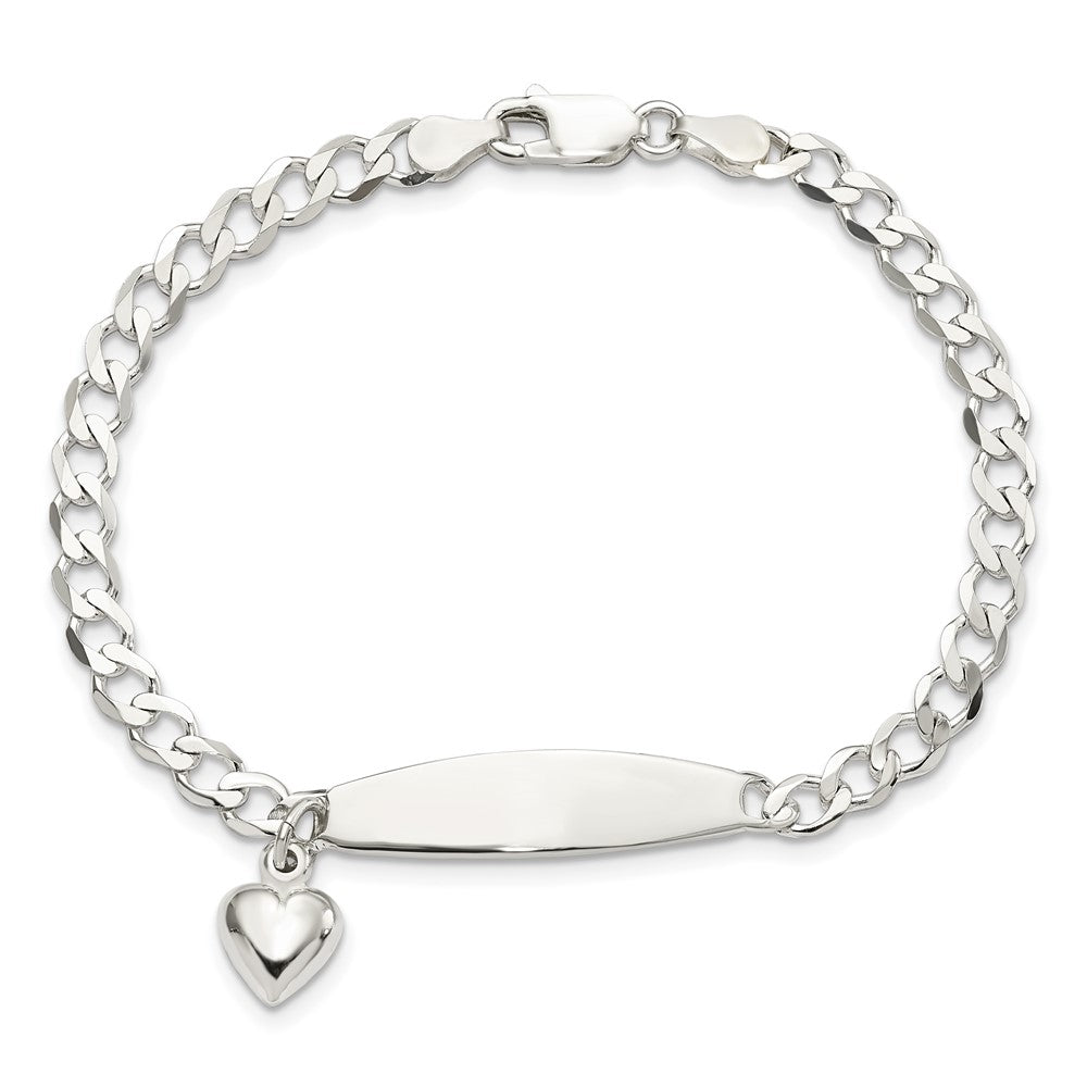 7.5 Inch Sterling Silver Polished Curb Link Id Heart Dangle Bracelet