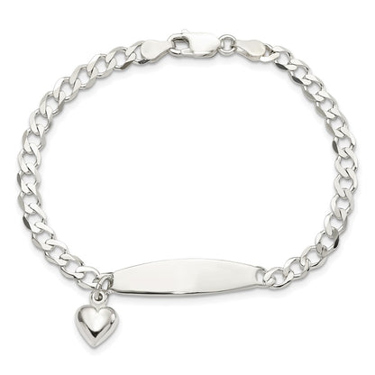 7.5 Inch Sterling Silver Polished Curb Link Id Heart Dangle Bracelet