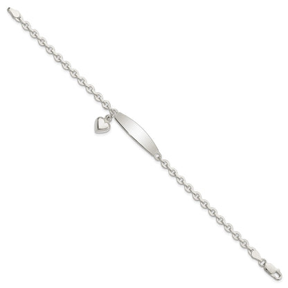 7.5 Inch Sterling Silver Polished Rolo Link Id Heart Dangle Bracelet