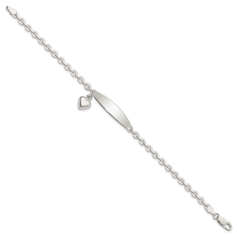 7.5 Inch Sterling Silver Polished Rolo Link Id Heart Dangle Bracelet