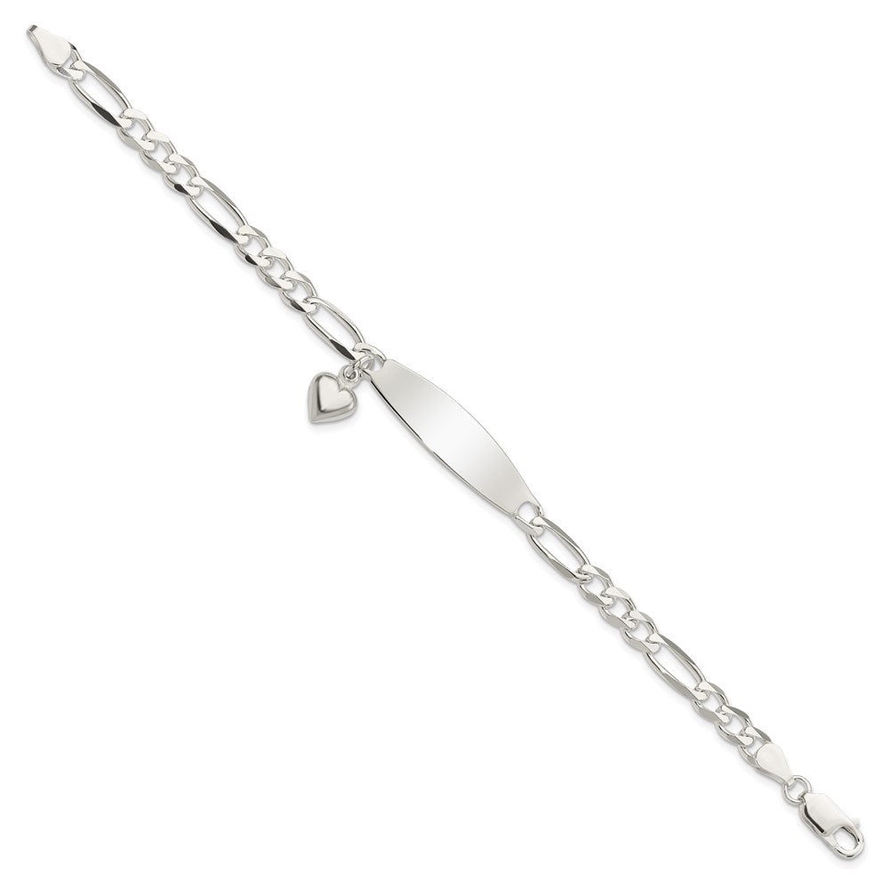 7.5 Inch Sterling Silver Polished Figaro Id Heart Dangle Bracelet