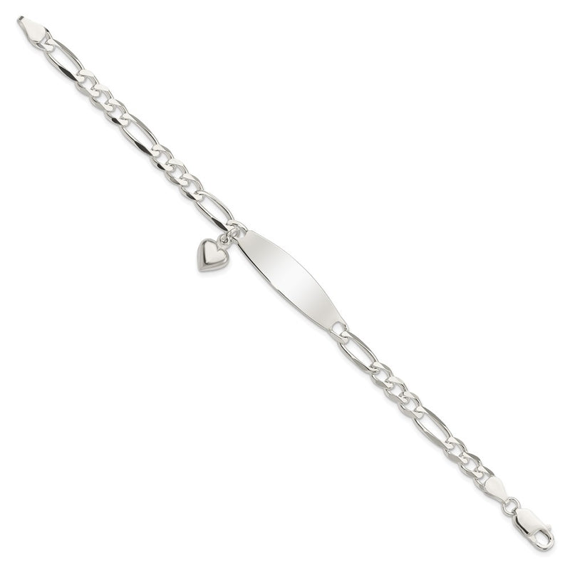 7.5 Inch Sterling Silver Polished Figaro Id Heart Dangle Bracelet