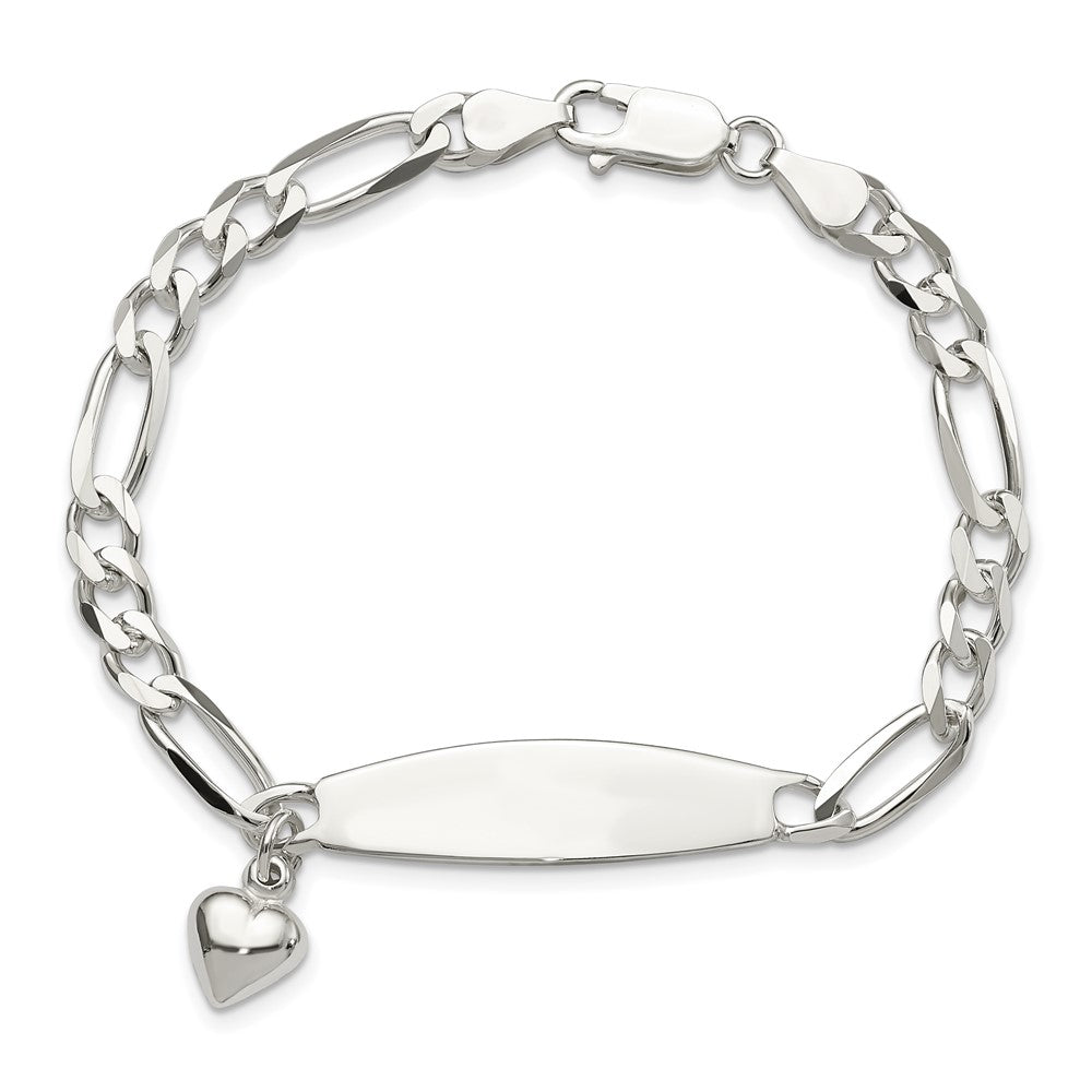 7.5 Inch Sterling Silver Polished Figaro Id Heart Dangle Bracelet