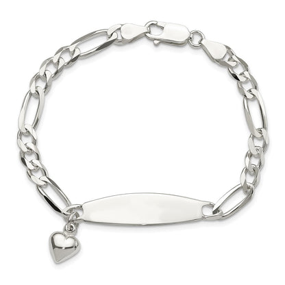 7.5 Inch Sterling Silver Polished Figaro Id Heart Dangle Bracelet