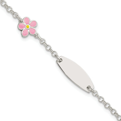 6 Inch Sterling Silver Childrens Enameled Flower 5In Plus 1In Ext Id Bracelet