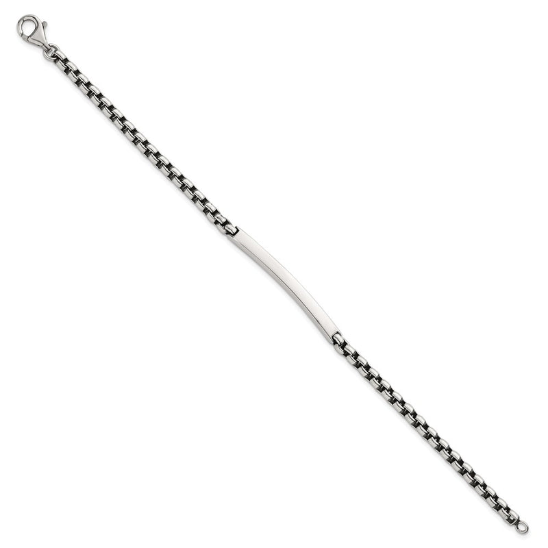 Sterling Silver Antiqued Round Box Chain 8 Inch Men's Id/bar Bracelet