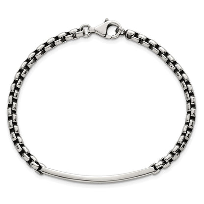 Sterling Silver Antiqued Round Box Chain 8 Inch Men's Id/bar Bracelet