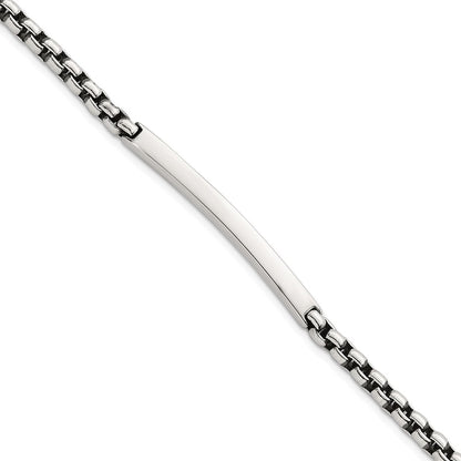 Sterling Silver Antiqued Round Box Chain 8 Inch Men's Id/bar Bracelet
