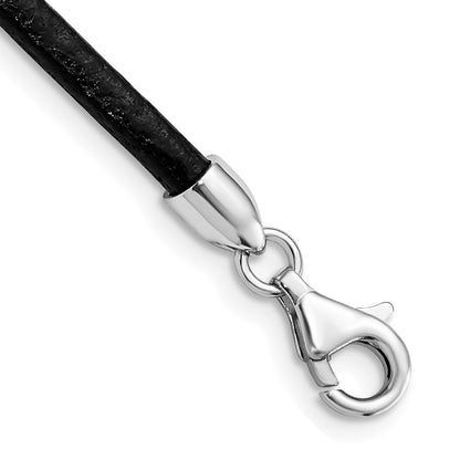 Sterling Silver Rhodium-Plated 18Inch 3mm Black Leather Necklace