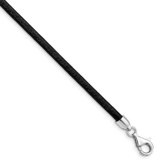 Sterling Silver Rhodium-Plated 18Inch 3mm Black Leather Necklace