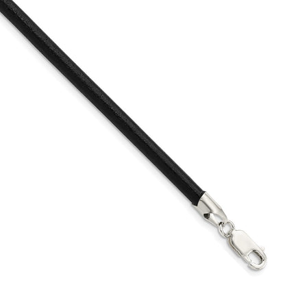 Sterling Silver 20Inch 4mm Black Leather Necklace