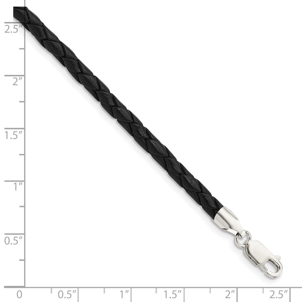 Sterling Silver 18Inch 4mm Black Leather Braided Necklace