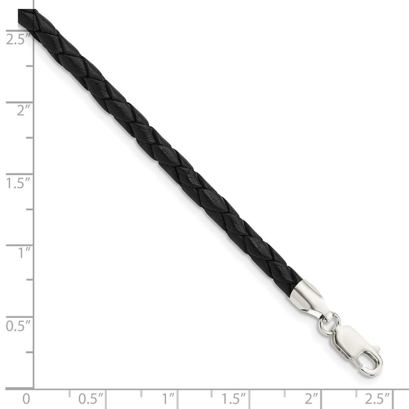 Sterling Silver 18Inch 4mm Black Leather Braided Necklace