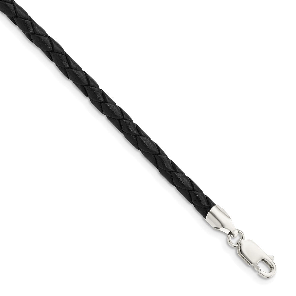Sterling Silver 20Inch 4mm Black Leather Braided Necklace