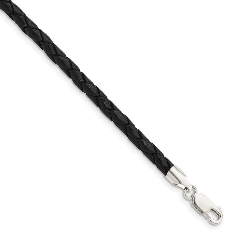 Sterling Silver 20Inch 4mm Black Leather Braided Necklace