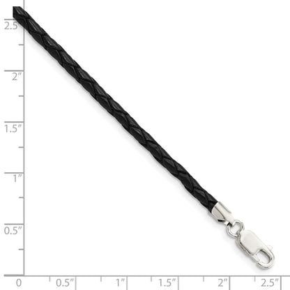 Sterling Silver 20Inch 3mm Black Leather Braided Necklace