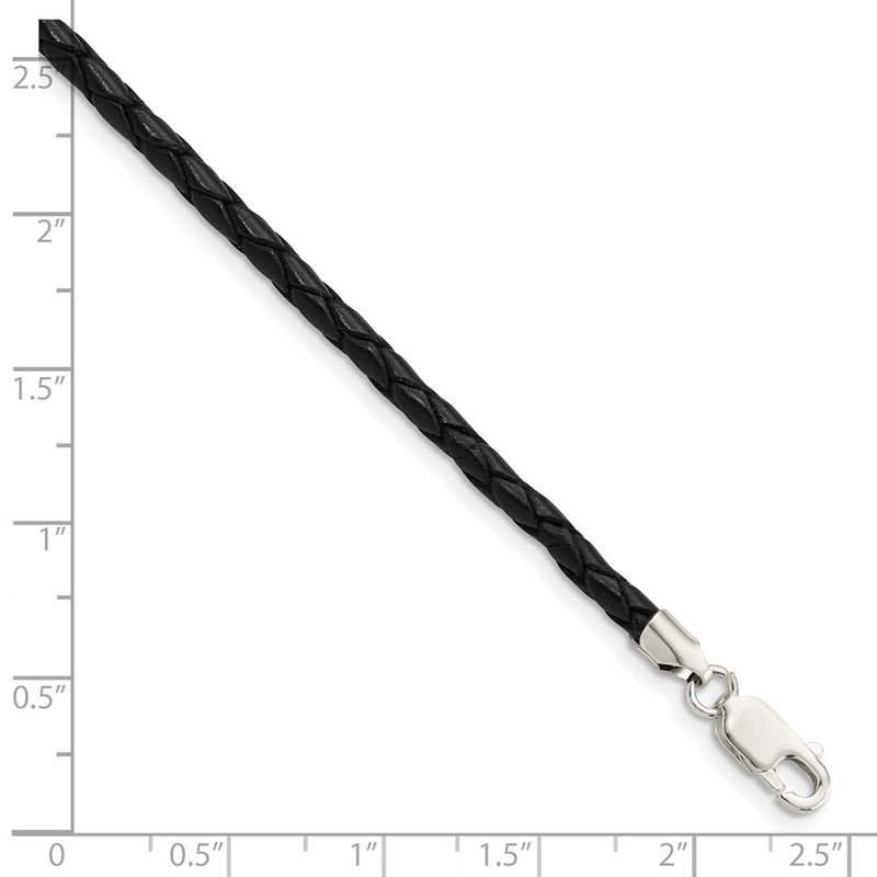 Sterling Silver 16Inch 3mm Black Leather Braided Necklace
