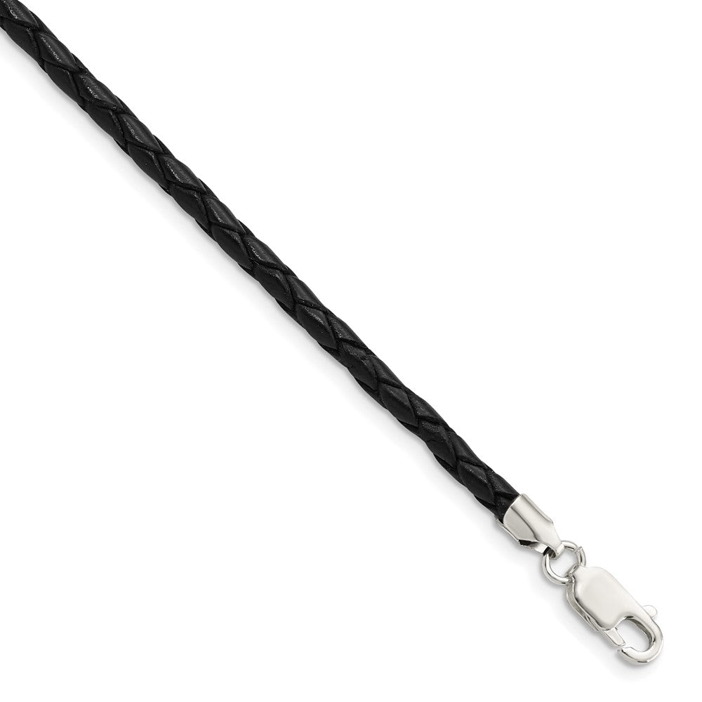 Sterling Silver 20Inch 3mm Black Leather Braided Necklace