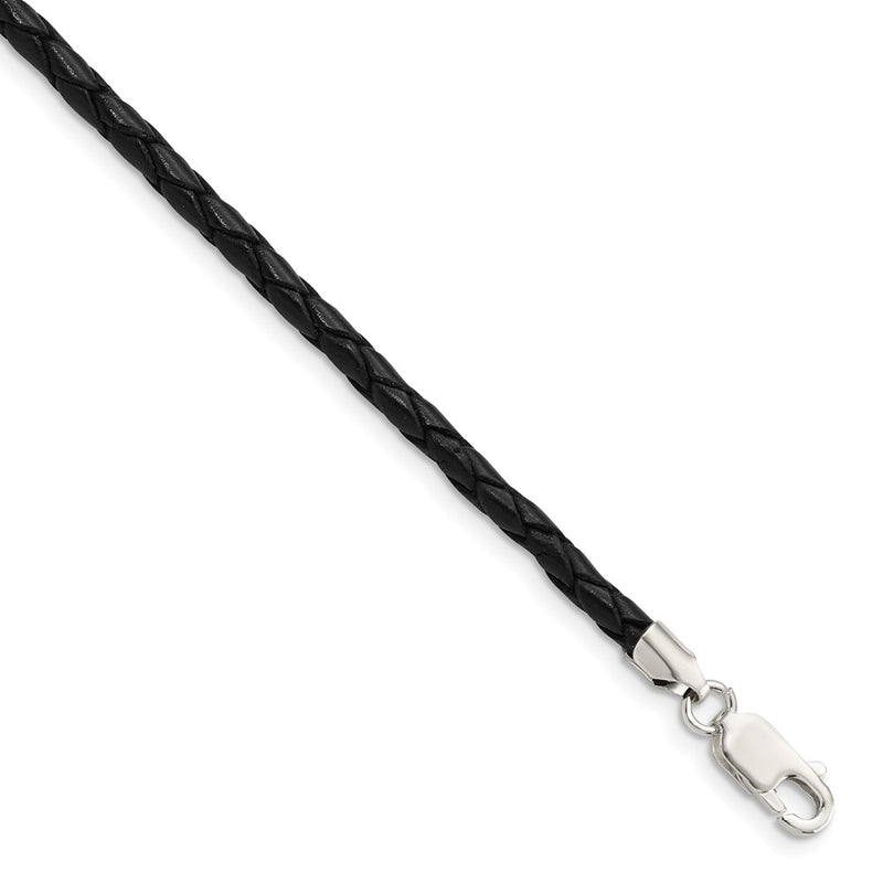 Sterling Silver 16Inch 3mm Black Leather Braided Necklace