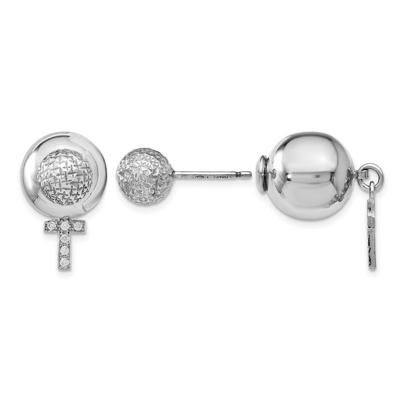 Sterling Silver Rhodium-Plated Cz Cross Front And Back Earrings