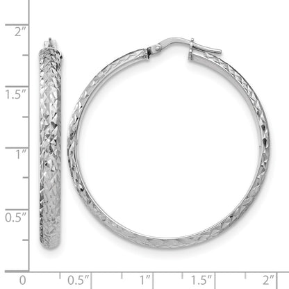 Sterling Silver Rh Plated Polished & Textured Hoop Earrings
