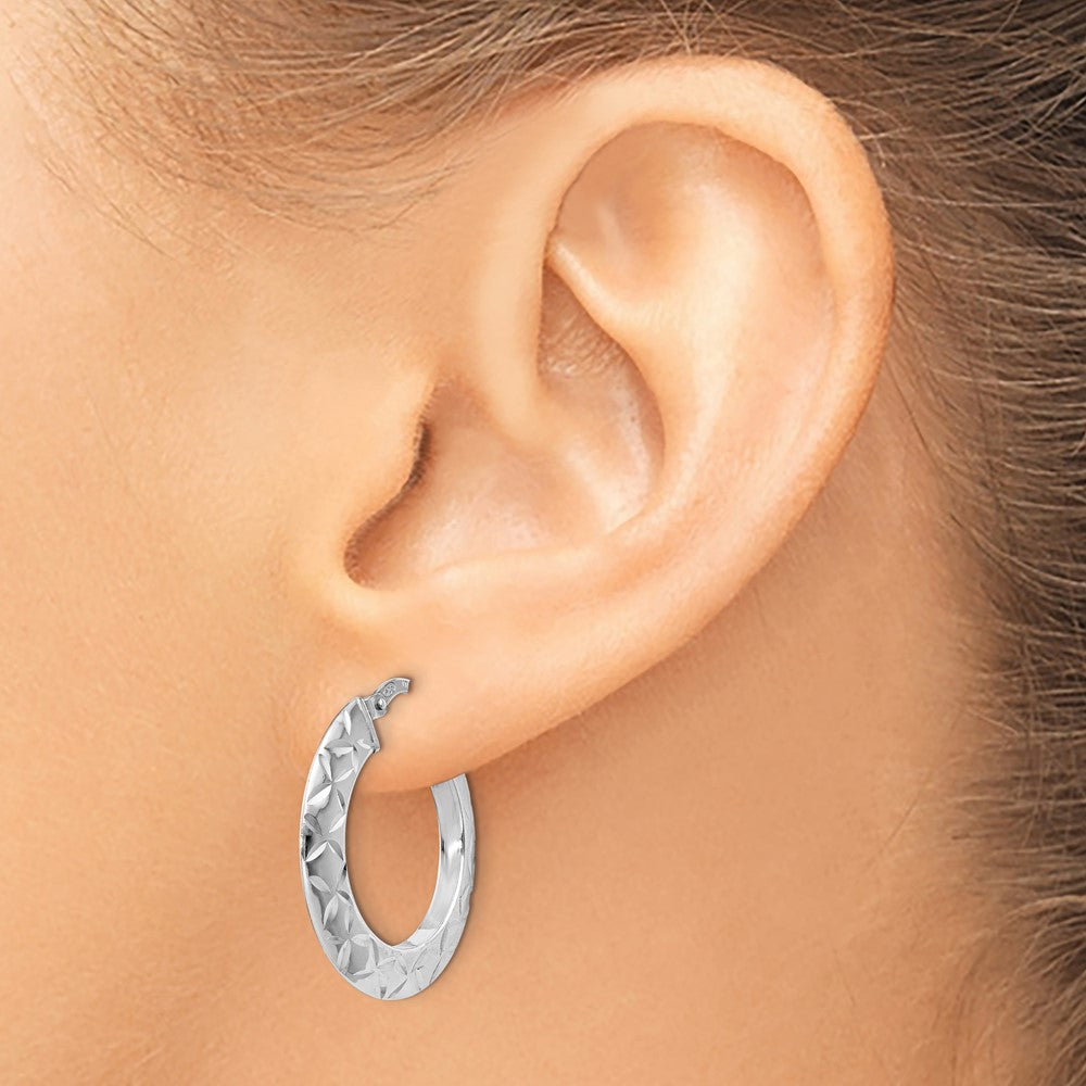 Sterling Silver Rh Plated Polished & Textured Hoop Earrings