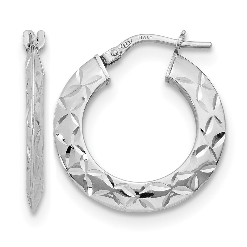 Sterling Silver Rh Plated Polished & Textured Hoop Earrings