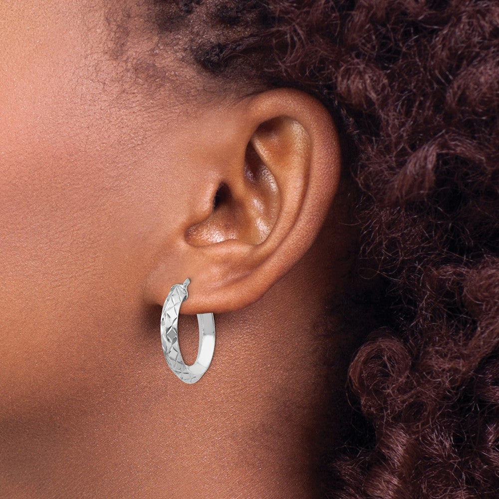 Sterling Silver Rh Plated Polished & D/C Hoop Earrings
