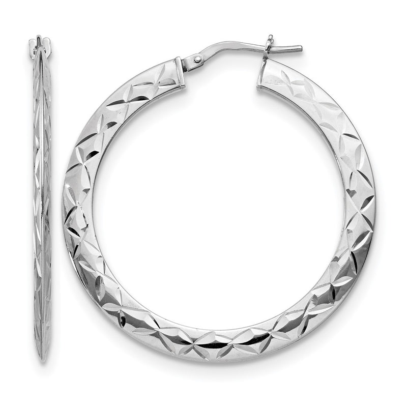 Sterling Silver Rh Plated Polished & D/C Hoop Earrings