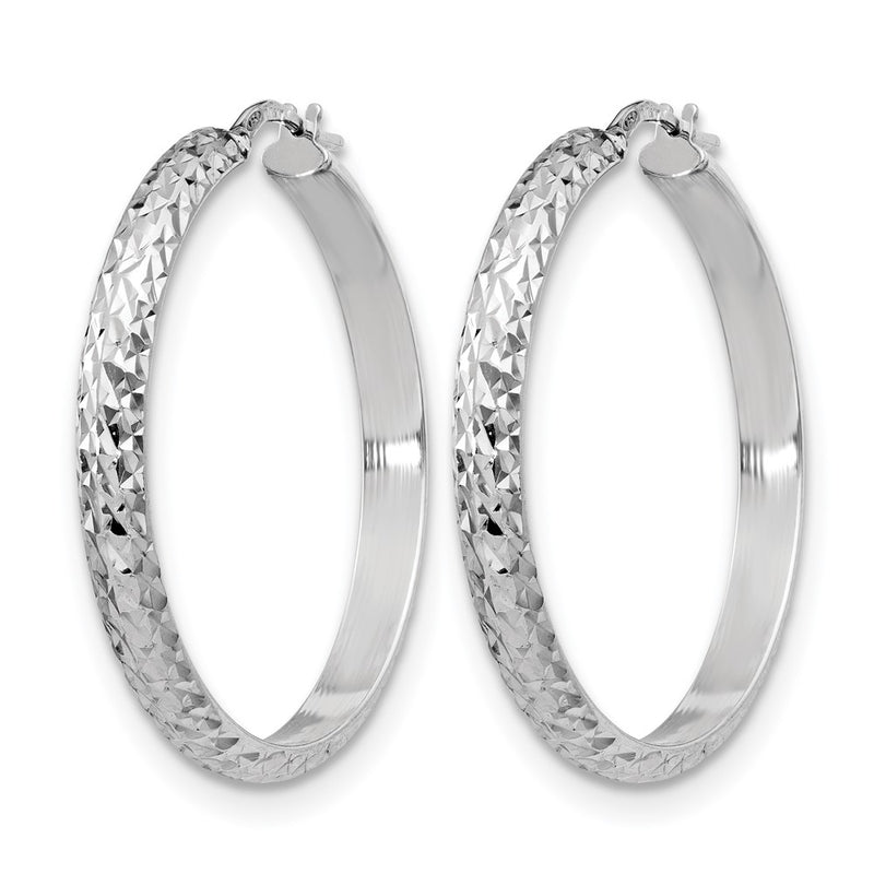Sterling Silver Rh Plated Polished & Textured Hoop Earrings
