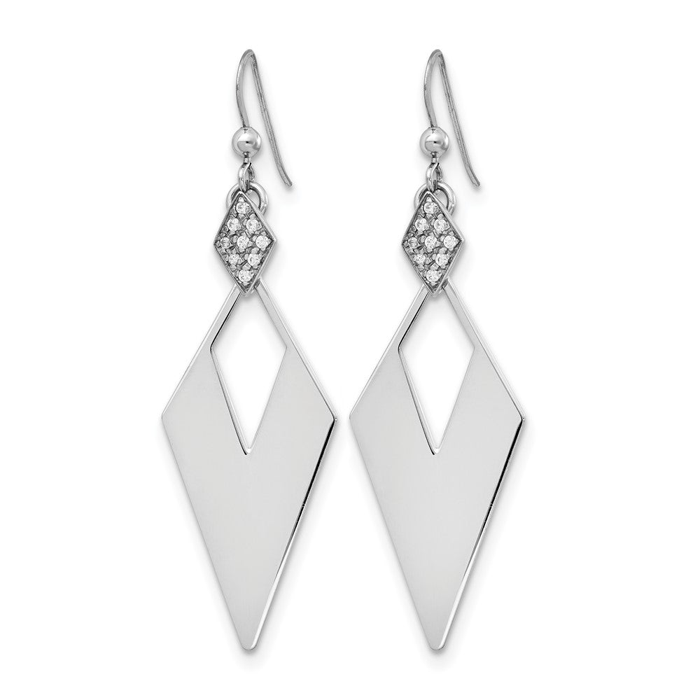 Sterling Silver Rh Plated Polished Crystal Diamond Shape Dangle Ea