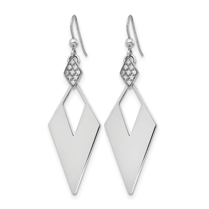Sterling Silver Rh Plated Polished Crystal Diamond Shape Dangle Ea