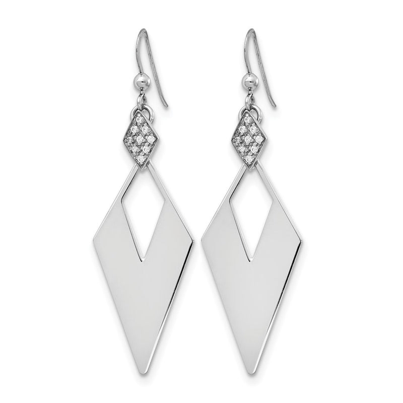 Sterling Silver Rh Plated Polished Crystal Diamond Shape Dangle Ea