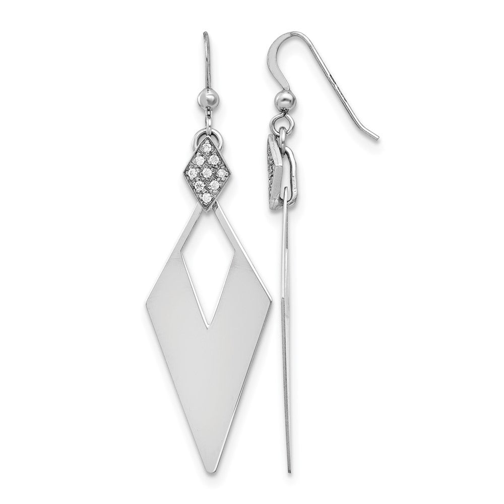 Sterling Silver Rh Plated Polished Crystal Diamond Shape Dangle Ea