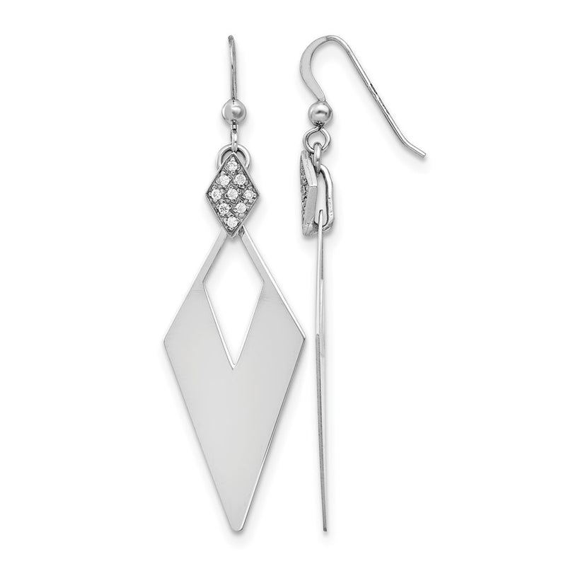 Sterling Silver Rh Plated Polished Crystal Diamond Shape Dangle Ea