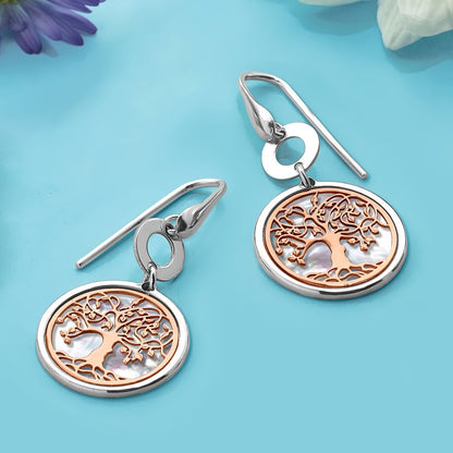 Sterling Silver & Rose Tone Mop Tree Of Life Dangle Earrings