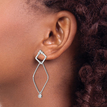 Sterling Silver Rhodium Plated Cz Geometric Post Dangle Earrings