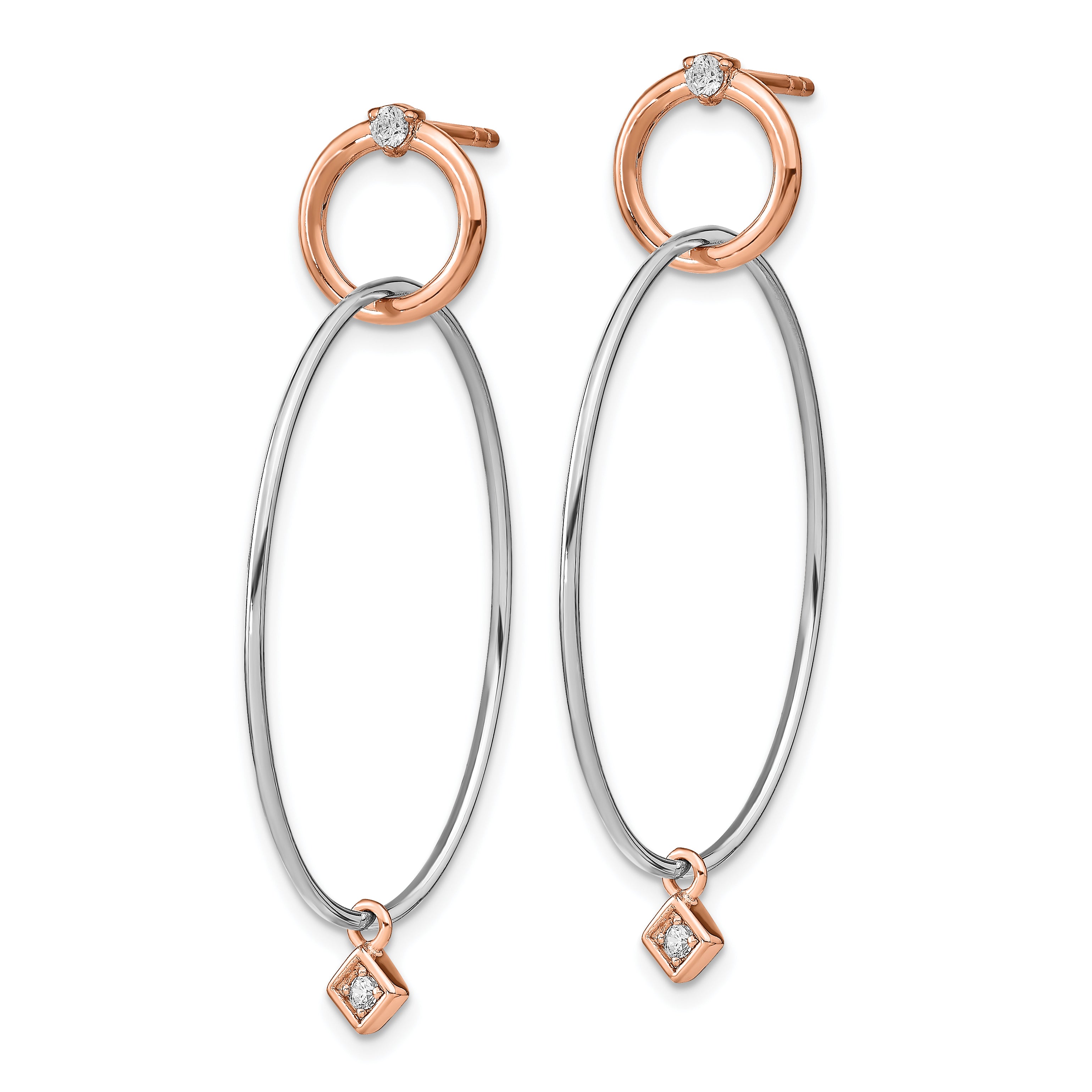 Sterling Silver Rose Gold Plated Rhd Plat Cz Post Dangle Earrings