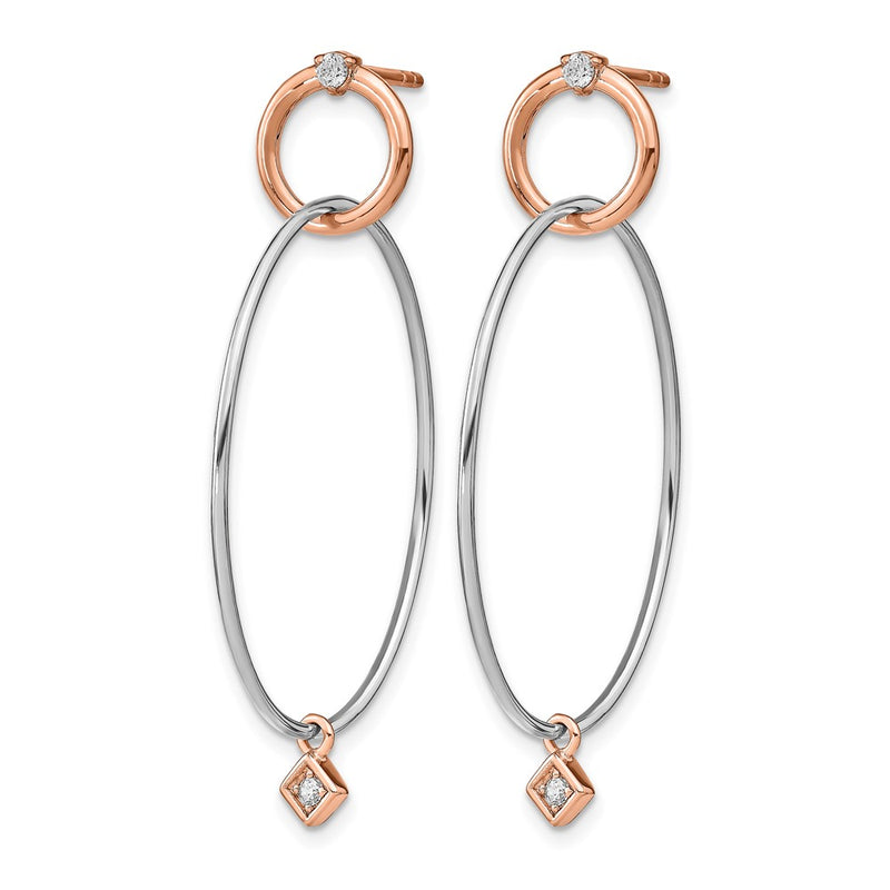 Sterling Silver Rose Gold Plated Rhd Plat Cz Post Dangle Earrings