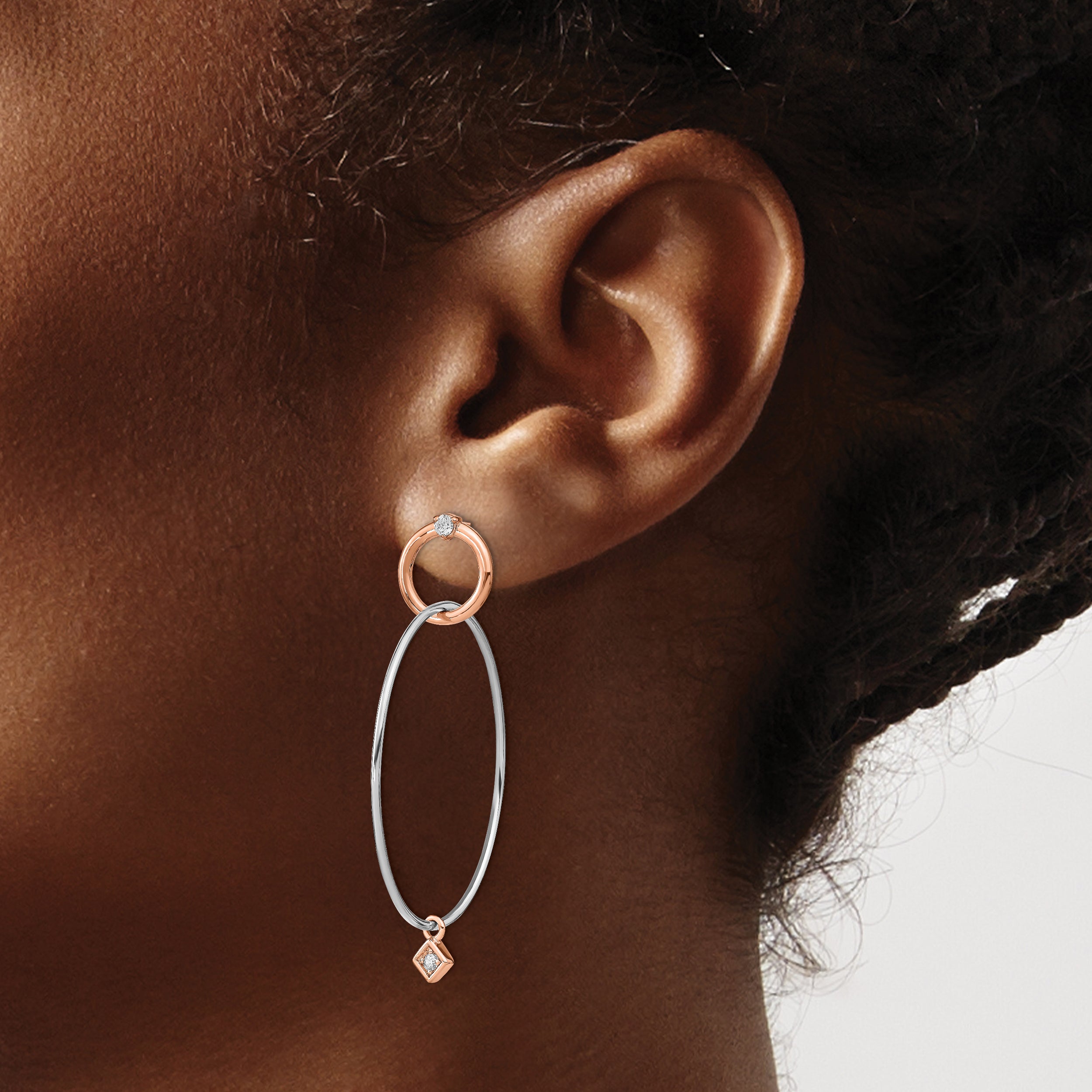 Sterling Silver Rose Gold Plated Rhd Plat Cz Post Dangle Earrings