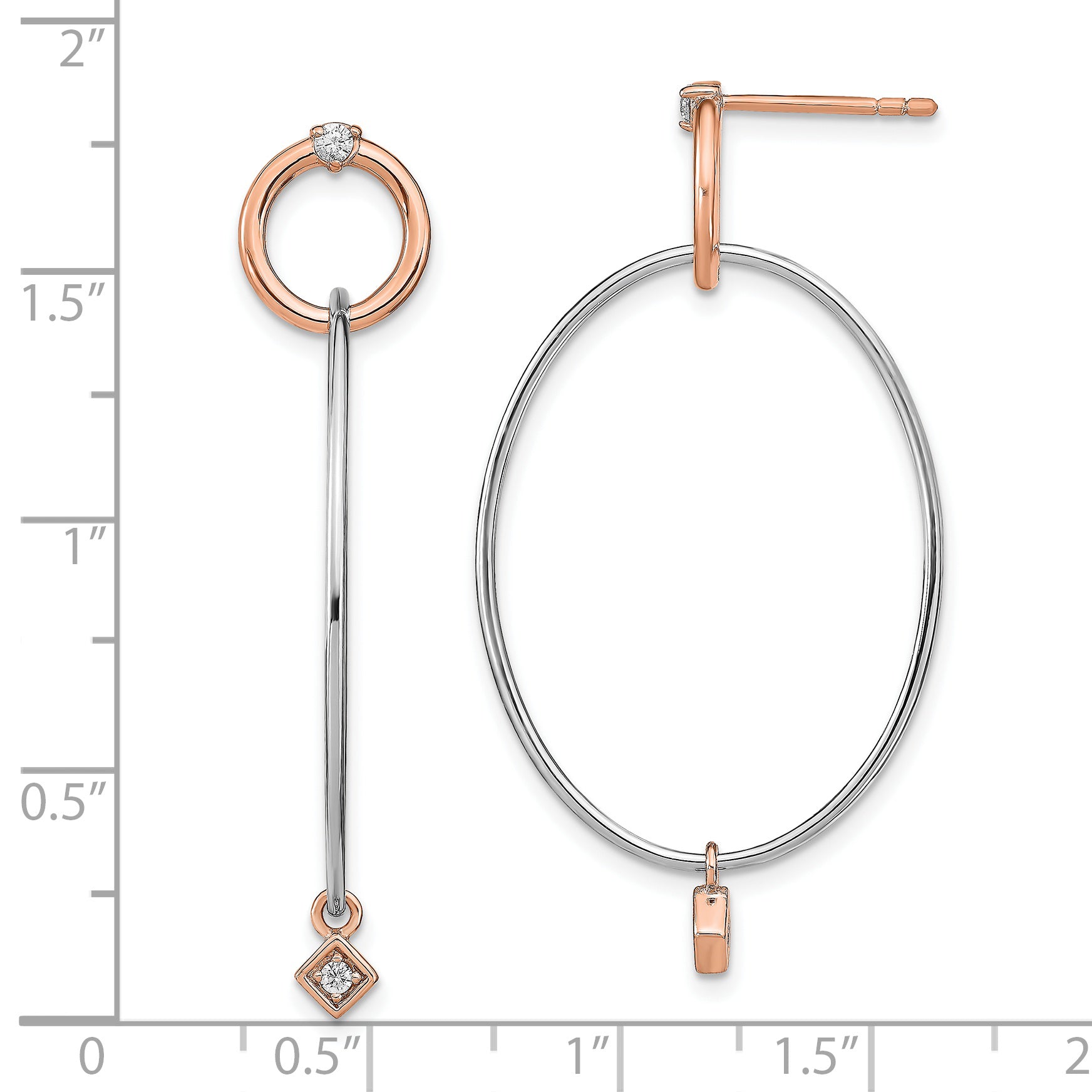 Sterling Silver Rose Gold Plated Rhd Plat Cz Post Dangle Earrings
